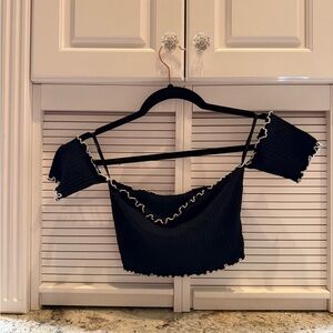 SHEIN Black and White Ruffle Trim Crop Top